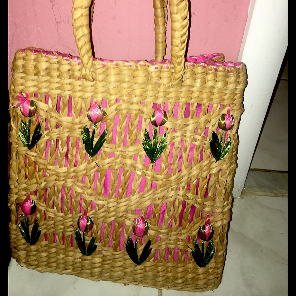 Lord And Taylor Vintage Straw Purse Pink Flowers